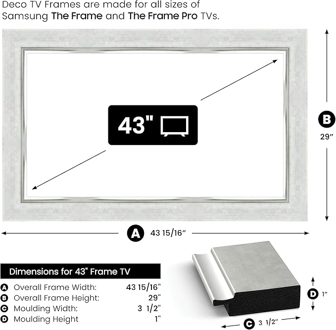 Contemporary Silver 43" Premiere Deco TV Frame - Compatible ONLY with Samsung The Frame TVs (Fits 2021-2025, LS03A, LS03B, LS03C, LS03D, LS03FA)