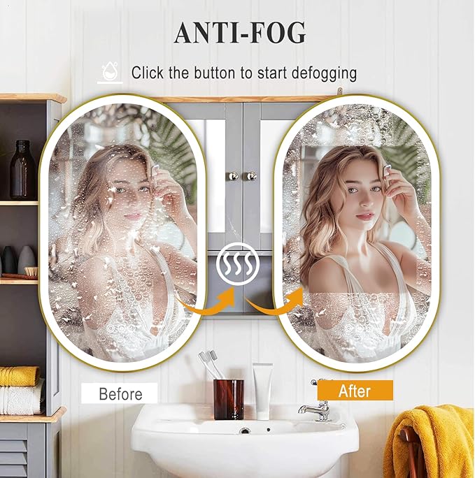 LED Mirror for Bathroom, 24x40 Inch Vanity Mirror with Lights，Anti-Fog Oval Bathroom Mirror, 3 Colors and Stepless Dimmable Wall Mounted Makeup Mirror with Metal Frame
