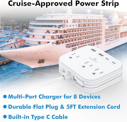 Cruise Essentials Flat Plug Power Strip, Durable 5 ft Extension Cord w/ 3 Outlets Extender & Built-In Type C Cable, 2 USB & 2 USB-C Ports, No Surge Protector for Cruise Travel, Dorm, Home