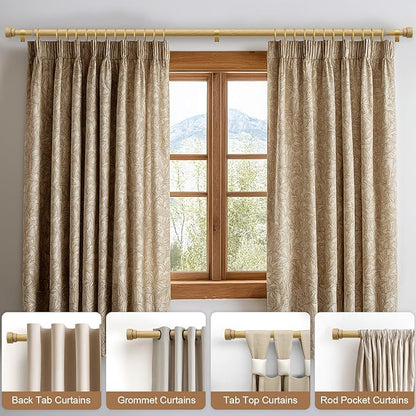 Natural Light Wood Grain Curtain Rods for Windows 28 to 48 Inches 1" Diameter Heavy Duty Window Curtain Rod Adjustable with Solid Finials for Living Room Bedroom Kitchen Farmhouse Outdoor