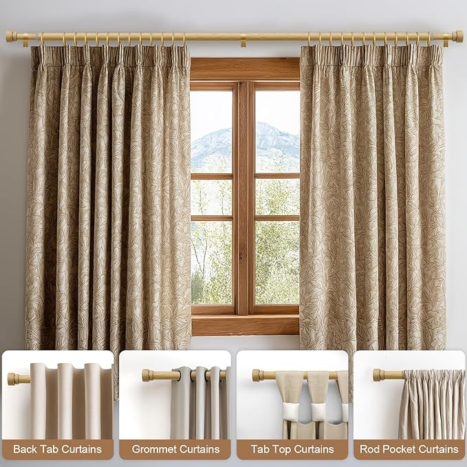 Natural Light Wood Grain Curtain Rods for Windows 72 to 144 Inches 1" Diameter Heavy Duty Window Curtain Rod Adjustable with Solid Finials for Living Room Bedroom Kitchen Farmhouse Outdoor