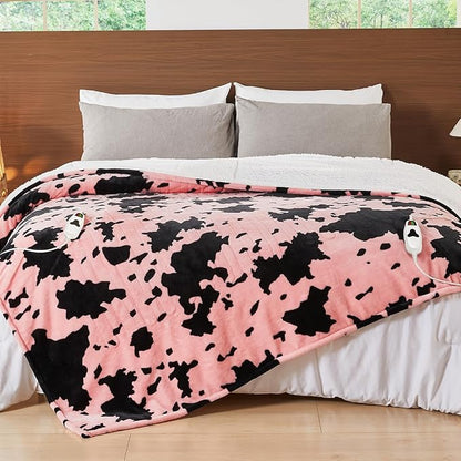 Cow Print Electric Heated Blanket Queen Size,84X90 Light Pink Heating Blanket Queen with Dual Control&Timer&10 Heat Levels,Highland Cow Decor Sherpa Blankets Warmer Gifts for Bed Women Adults
