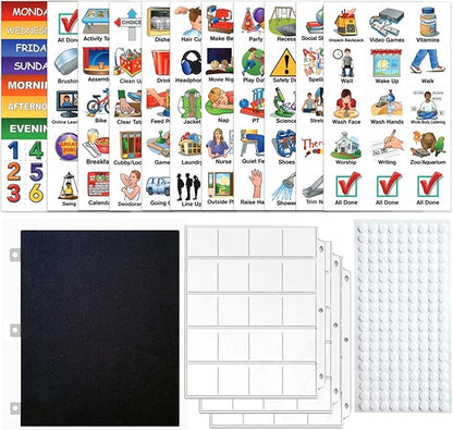 SchKIDules V-KIt - Portable, Binder-Ready Visual Schedule for Kids w/8.5x11" Backboard & 150 laminated Icons plus 21 Headings