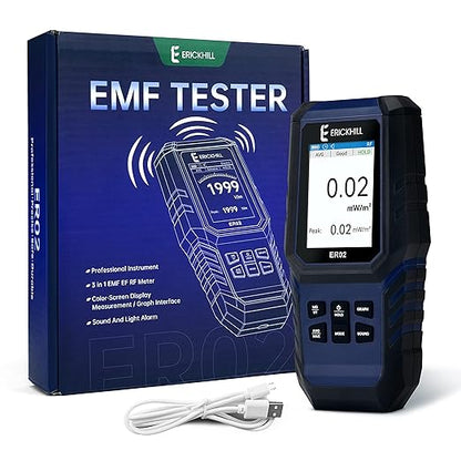 ERICKHILL EMF Meter,3-in-1Rechargeable Digital Electromagnetic Field Radiation Detector for EF RF MF,5G Cell Tower, WiFi Signal Detector, for Home&Office EMF Inspections, and Ghost Hunting