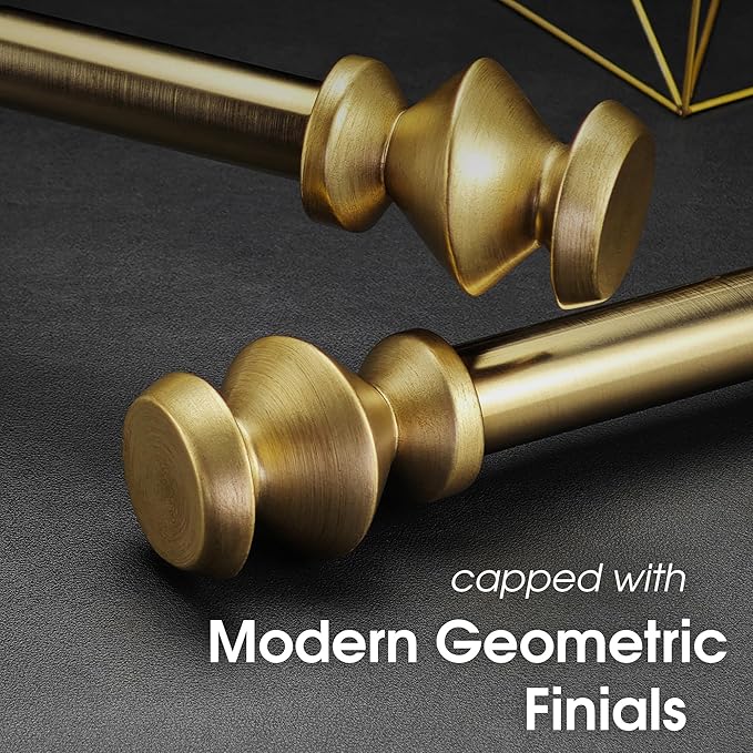1-1/8 Inch Diameter Warm Gold Curtain Rods with Modern Geometric Finials, 36-72'' Telescoping Single Curtain Rods for window width 24-68 inch, 1 pack