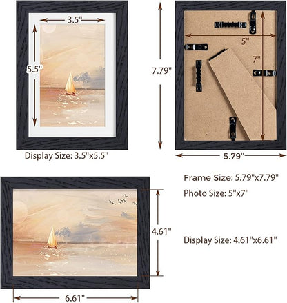 5x7 Picture Frame, Solid Oak Wood 5 x 7 Frame with Plexiglass, 5 by 7 Photo Frame for Wall & Tabletop Display, 5x7 Picture Frame Matted to 4x6, Black Color, 3 Pack