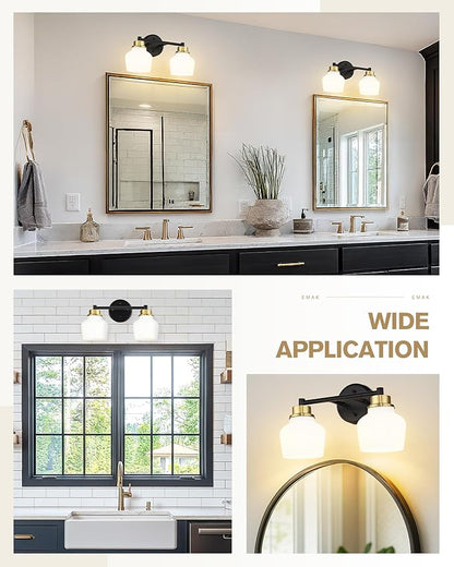 Emak Black and Gold Bathroom Light Fixtures Over Mirror, 2-Light Bathroom Vanity Light with Milk Glass Shade, Modern Farmhouse Vanity Lights for Bath,Mirror, VL122-BKBGD-ML-2