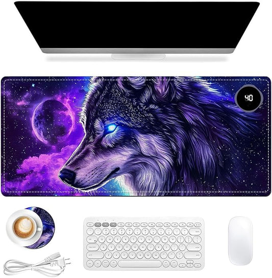 Heated Mouse Pad, Warm Desk Pad, Keyboard Mat 31.5 x 13 Inch Large Size Intelligent Fast Heating, 3 Speed Adjustable, Timed Auto Power Off for Game Office Home,Galaxy Wolf