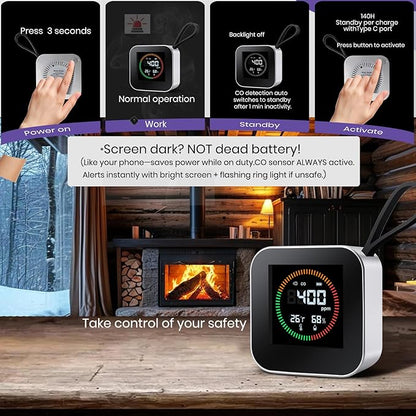 3-in-1 Portable Carbon Monoxide Detector for Travel – UL-Compliant CO Alarm with Temperature and Humidity Monitor, USB-C Rechargeable for RV, Hotel, Camping(1, Silver)
