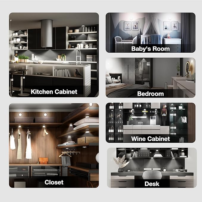 Puck Lights with Remote Control,1000mAh Rechargeable Under Cabinet Lighting,LED Closet Lights,3Pack Night Light,Cordless Stick On Lights for Under Cabinet,Hallway, Stairway,Closet (Cool White-6pcs)