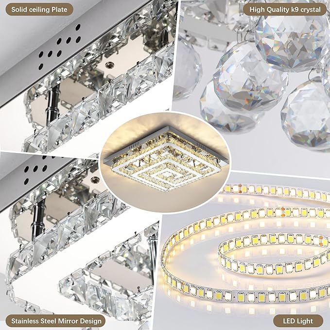34" Modern Crystal Chandelier with Remote/App Control, Dimmable Flush Mount Ceiling Light Fixture, 3-Color Temperature, Led Ceiling Lamp for Living Room Bedroom Kitchen Dining Room Entryway