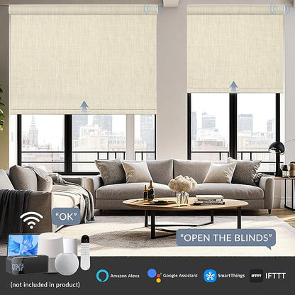 Boolegon Motorized Roller Blinds - 100% Blackout Smart Electric Shades with Remote, Compatible with Alexa/Google Home/HomeKit via Hub, Easy Install for Home Office, Beige, Custom Size.