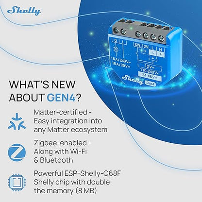 Shelly 1 Gen4 | Wi-Fi, Zigbee & Matter Smart Relay Switch with Dry Contacts, 1-Channel 16A | Home Automation | Alexa, SmartThings, Google Home, Apple HomeKit Compatible | Garage Door Opener