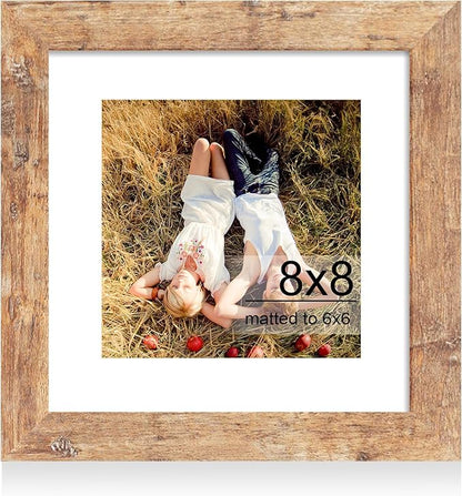 iRahmen 8x8 Picture Frame with HD Tempered Glass, Display Pictures 6x6 with Mat or 8 x 8 Without Mat, Wood Photo Frame for Tabletop and Wall (Rustic Brown, 1 Pack)