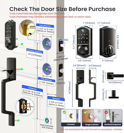 Veise VE017-D Fingerprint Smart Front Door Lock Set, App Control, 8-in-1 Keyless Entry Deadbolt with Lever Handle, Emergency Power Port, Auto Lock, Touchscreen Keypad, Easy Install, Matte Black