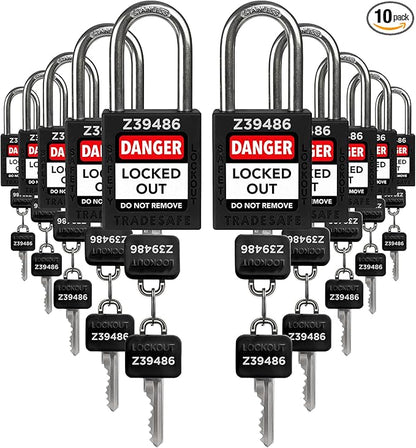TRADESAFE Lockout Tagout Lock Sets, 10 Black Keyed Alike Safety Padlocks, 2 Keys Per Lock, OSHA Compliant Loto Locks, for Lockout Tag Out Stations - Premium Grade