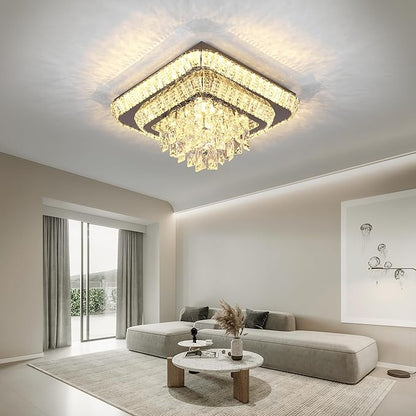Elegant LED Crystal Raindrop Ceiling Light,18in Square Flush Mount Chandelier with Remote for Living Room Kitchen Island Bedroom Hallway Entryway Foyer (Dimmable)