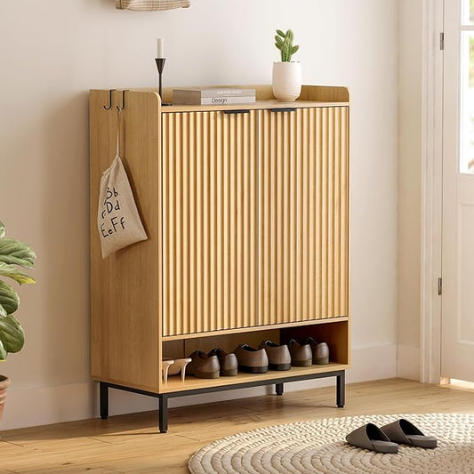 Fluted Shoe Cabinet with Doors, Large Wooden Shoe Storage Cabinet with Adjustable Shelves, Modern Tall Freestanding Shoe Rack Organizer for Entryway, Hallway Natural Oak