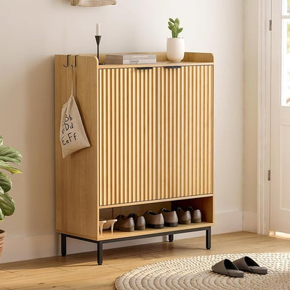 Large Shoe Cabinet with Doors Set of 2, Fluted Wooden Storage with Adjustable Shelves, Hanging Rod Modern Tall Freestanding Shoe Rack Organizer for Entryway, Hallway Natural Oak