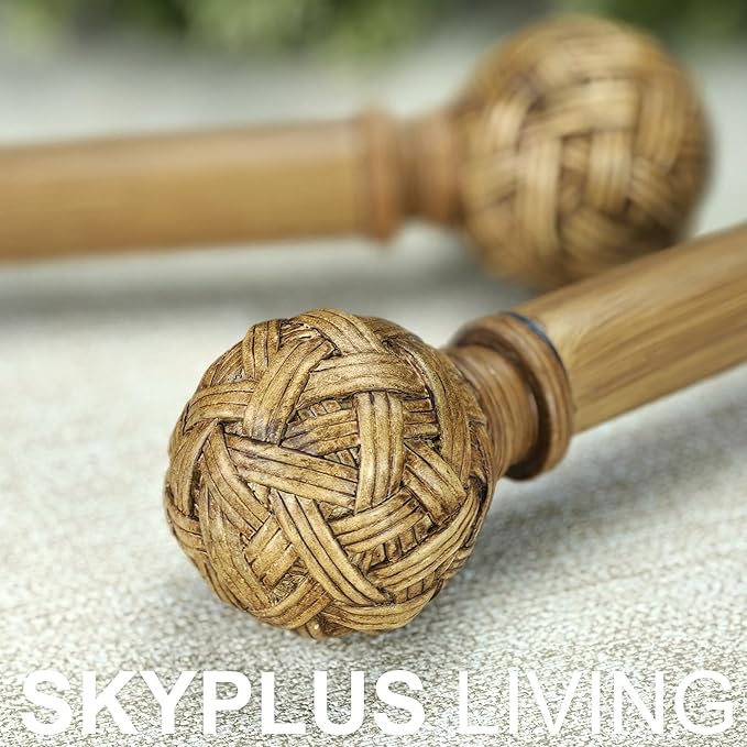 Faux Wood Style Curtain Rod Set with Faux Rattan Look Finial, 36-72 inch, Standard Single Drapery Rod for 1 Pack, 1 inch diameter, Adjustable Length