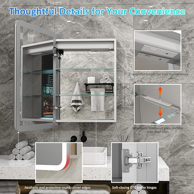 24×32 Inch LED Lighted Medicine Cabinet, Bathroom Medicine Cabinet with Mirror and Lights, RGB Multicolor Backlit, Adjustable Front Lighted, Defogger, Dimming, Memory Function, Wall Mounted