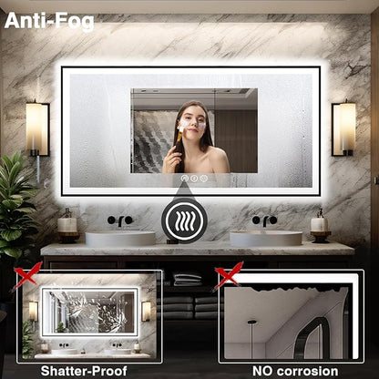 Large 88x38 LED Bathroom Mirrors - Black Aluminum Trim (Front and Backlit), Anti-Fog Vanity Mirror with Lights,Stepless Dimmable Lighted, 3 Colors Smart, Memory (Horizontal/Vertical)