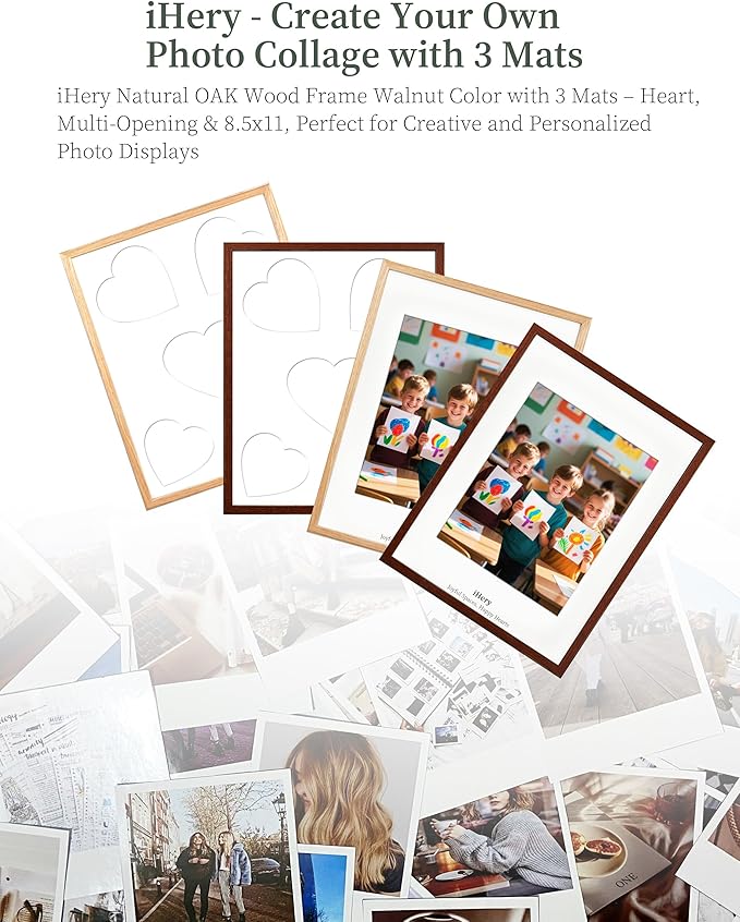 iHery Standard 12x16in Natural OAK Wood Picture Frames Collage For Wall Decor, Includes 3 Mats (Heart, 4x6/5x7 Multi-Opening, 8.5x11), DIY Gallery Photo Display For Family Mom, Birthday Gift 1Pack