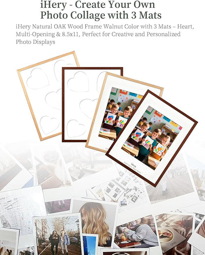 iHery Standard 12x16in Natural OAK Wood Picture Frames Collage For Wall Decor, Walnut Color Includes 3 Mats (Heart, 4x6/5x7 Multi-Opening, 8.5x11) DIY Gallery Photo Display Mom Birthday Gift 1Pack
