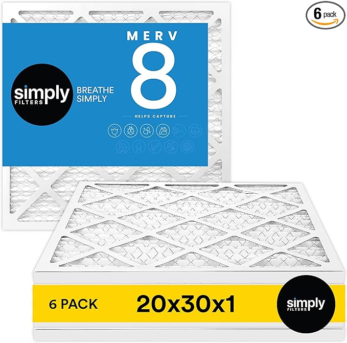 Simply 20x30x1 Air Filter, Merv 8, 6 Pack, For Home AC Furnace & HVAC (Actual Size: 19.94"x29.94"x0.75") DUST, Pet & Allergy Control,