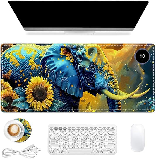 Heated Mouse Pad, Warm Desk Pad, Keyboard Mat 31.5 x 13 Inch Large Size Intelligent Fast Heating, 3 Speed Adjustable, Timed Auto Power Off for Game Office Home,Elephant in Sunflower Field
