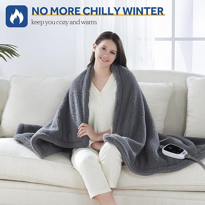SEALY Electric Blanket Heated Throw 50"x60" Soft Double Sherpa Super Cozy with 6 Fast Heating Levels & 2-10 Hours Auto-Off, Over-Heat Protection, Machine Washable, Dark Grey