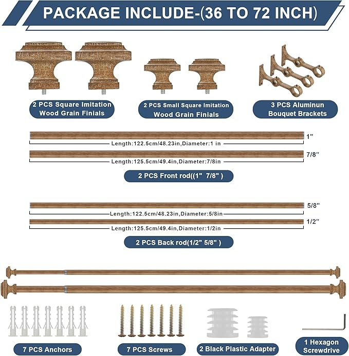 Double Wood Curtain Rods for Windows 36 to 72 Inches,1 Inch Decorative Wooden Curtain Rod with Square Imitation Wood Grain Finials and Double Aluminum Bouquet Bracket, Coffee Brown Wood Grain