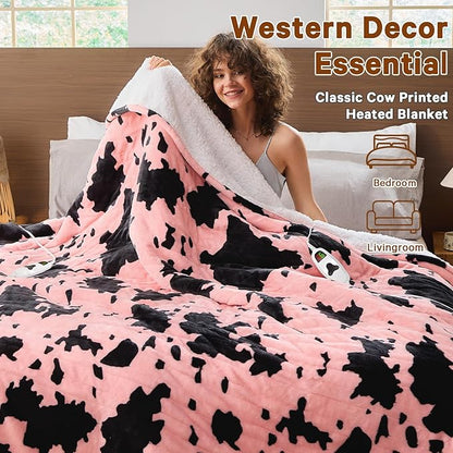 Cow Print Heated Electric Blanket Throw,50X60 Light Pink Heating Blanket with 10 Heats Levels & 8 Hours Auto Off,Highland Cow Stuff Fleece Sherpa Blankets Warmer Gifts for Women Adults Washable