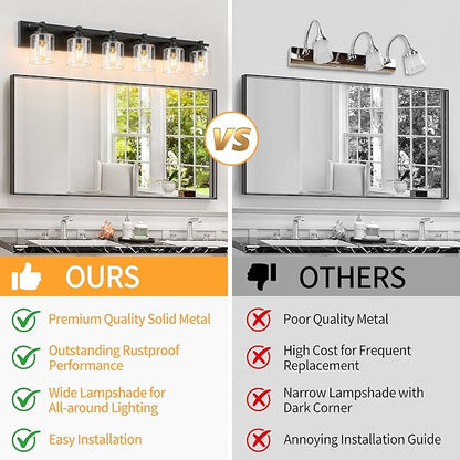 6 Light Modern Bathroom Light Fixtures Over Mirror, Black Vanity Lights for Bathroom Wall Sconces with Clear Glass Shades, E26 Socket (Bulbs Not Included)