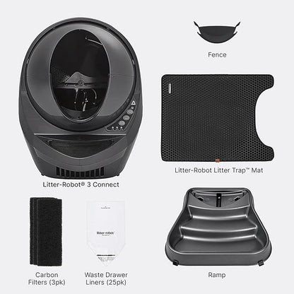 Litter-Robot 3 Connect Core Bundle by Whisker, Grey - Includes Automatic, Self-Cleaning Litter Box, LitterTrap Mat, Fence, Ramp, 25 Liners, 3 Carbon Filters & WhiskerCare 1-Year Warranty