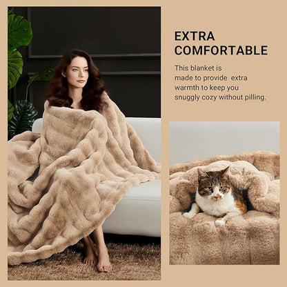 SAPHREAS Faux Fur Throw Blanket for Couch, Fluffy Fuzzy Bubble Blanket for Sofa Bed Living Room, Decor Soft Cozy Gifts for Women Men, 50x60” Khaki