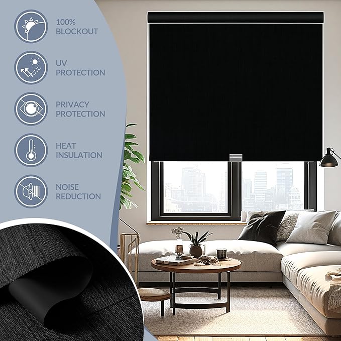 Boolegon Motorized Roller Blinds - 100% Blackout Smart Electric Shades with Remote, Compatible with Alexa/Google Home/HomeKit via Hub, Easy Install for Home Office, Black, Custom Size.