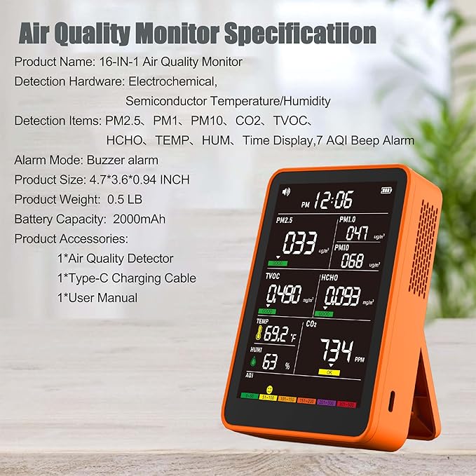 Professional Indoor Air Quality Monitor with AQI Alarms, Portable Real-Time Detector for Home Cars Plants and Pets (Bright Orange)