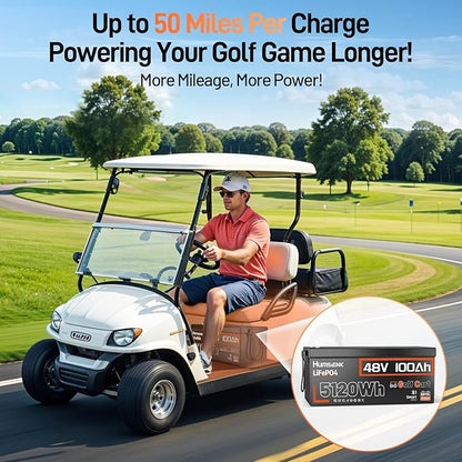 HumsiENK 48V 100Ah Golf Cart LiFePO4 Lithium Battery with Bluetooth Group 8D, 15000+ Deep Cycle Battery, Built-in 200A BMS with Low-Temp Protection Golf Cart Accessories