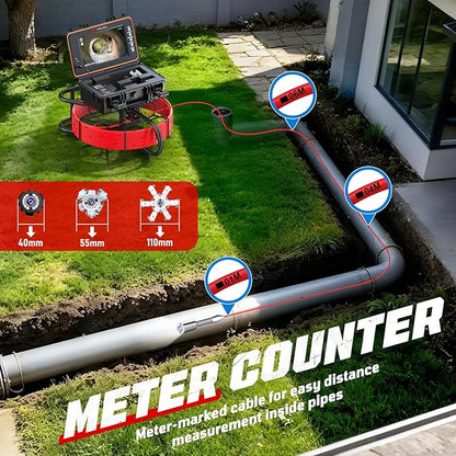 Sewer Camera, Self Leveling Drain Camera 65ft with Meter Counter, 7mm Thick Cable, 9" HD Screen 1080P Plumbing Cameras Snake with Light, 5100mAh Battery Duct Pipe Video Inspection Cam DVR 32GB