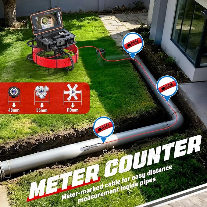 Sewer Camera, Self Leveling Drain Camera 200ft with Meter Counter, 7mm Thick Cable, 9" HD Screen 1080P Plumbing Cameras Snake with Light, 5100mAh Battery Duct Pipe Video Inspection Cam DVR 32GB