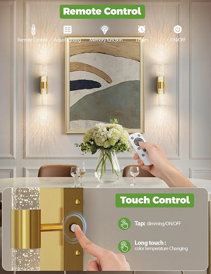 JOFIOS Battery Operated Wall Sconce Set of 2,3CCT,Dimmable,10400mAh,Gold Modern Rechargeable Wall Sconce with Remote,Wireless Wall Lights for Bedroom,Living room,Hallway(15.3 inch)