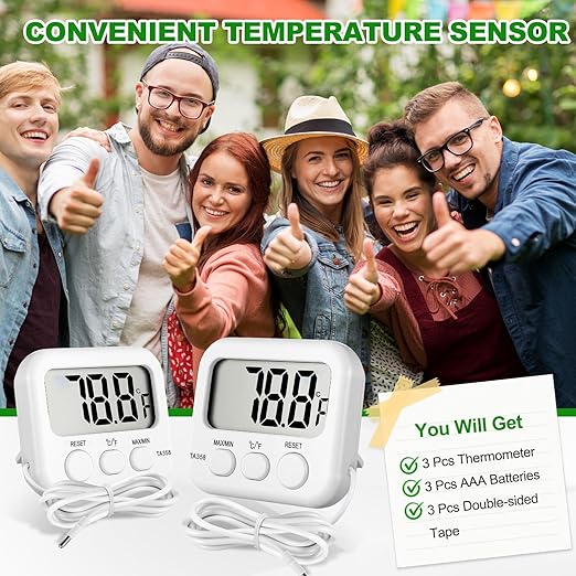 Kingdder 3 Pack Digital Thermometer with External Sensor Fridge Thermometer Freezer Waterproof Room Temperature Monitor with LCD Display, Max/min Record Function for Kitchen Aquarium Greenhouse
