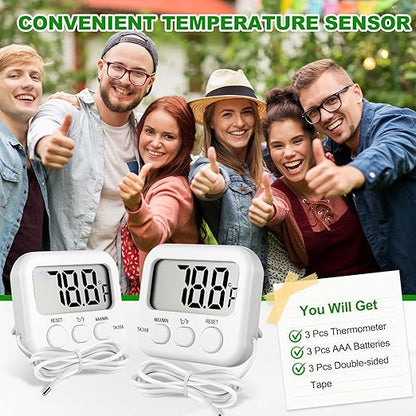 Kingdder 3 Pack Digital Thermometer with External Sensor Fridge Thermometer Freezer Waterproof Room Temperature Monitor with LCD Display, Max/min Record Function for Kitchen Aquarium Greenhouse
