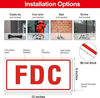 FDC Sign, 2 Pack Outdoor Aluminum Metal Sign, FDC Signs for Fire Department Connection, UV Protected Weather Resistant and Easy to Install (White Color, 12 x 6 inches)