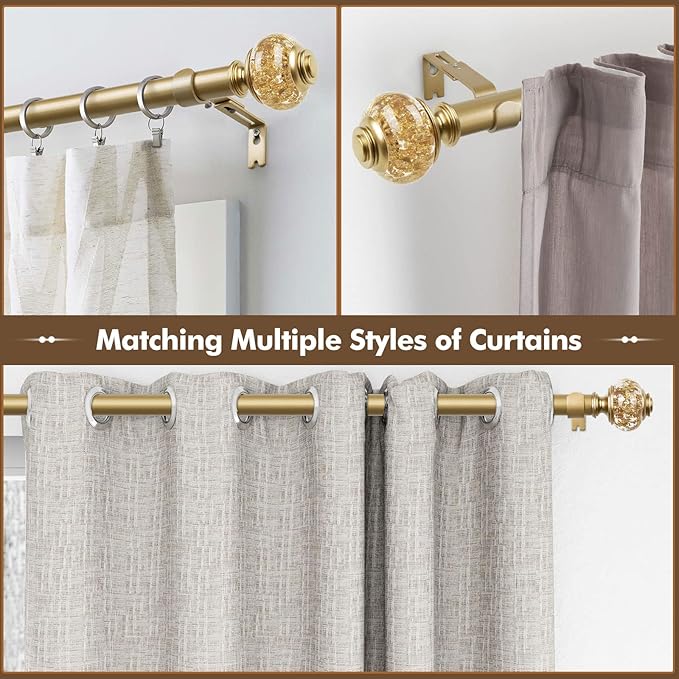 2 Pack Curtain Rods, 1 Inch Telescoping Drapery Rod 28 to 48 inch (2.3 to 4 ft), USFOOK Curtain Rods for Windows 16 to 44 Inches, Luxury Gold Translucent Finials