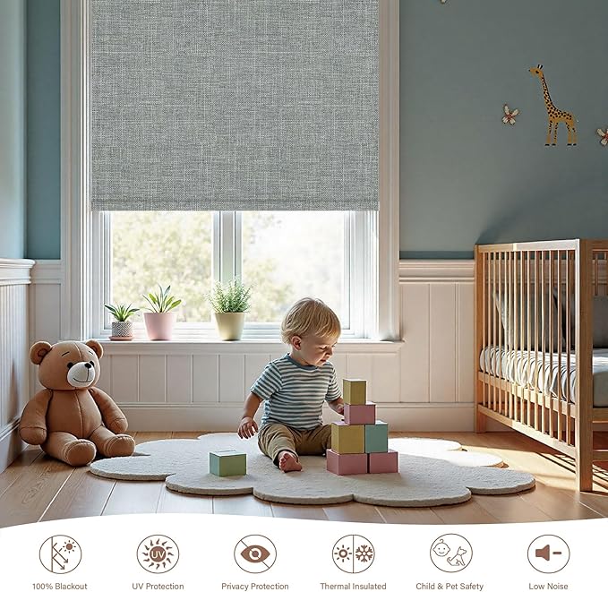 Motorized Roller Blinds with Remote, 100% Blackout Automatic Roller Shades for Bedroom, Bathroom, and Living Room, Customized Size, Nightfall Gray