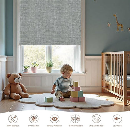 Motorized Roller Blinds with Remote, 100% Blackout Automatic Roller Shades for Bedroom, Bathroom, and Living Room, Customized Size, Nightfall Gray