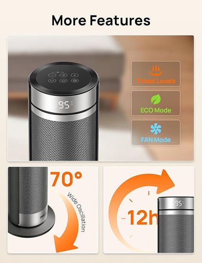 Dreo Space Heater for Large Room, 23 Inch Electric Heaters for Indoor Use, 8 Safe Protection Tower, 70° Oscillation, PTC Ceramic with Thermostat and Remote, Quiet, 12H Timer, Bedroom, Office