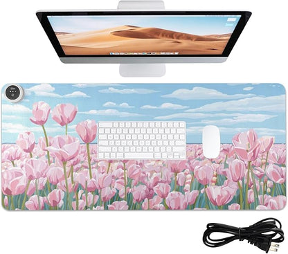 Heated Desk Pad Mouse Pad 31.5x13 Inch PU Leather Desk Mat with 3 Heat Levels Large Mouse Gaming Computer Laptop Mat Pink Tulip Field and Blue Sky